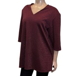 💙VINTAGE Addition Elle Shimmery Top Burgundy Wine Vneck Short Sleeve Tunic